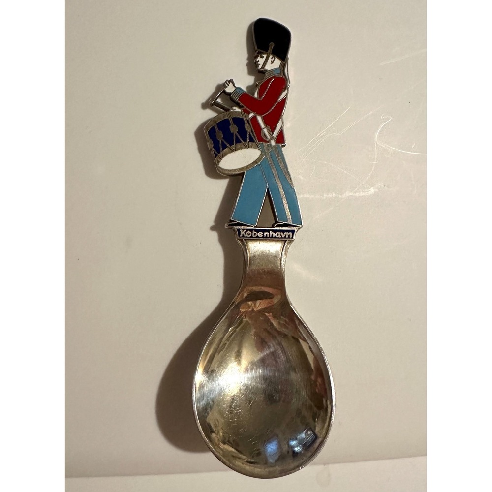 Vint Copenhagen Kobenhavn Silver-plate Souvenir Spoon w/ Enamel Marching Drummer
